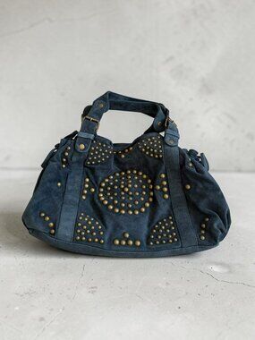 GERARD DAREL Blue Gold Studded Suede Satchel Handbag NEW NWT